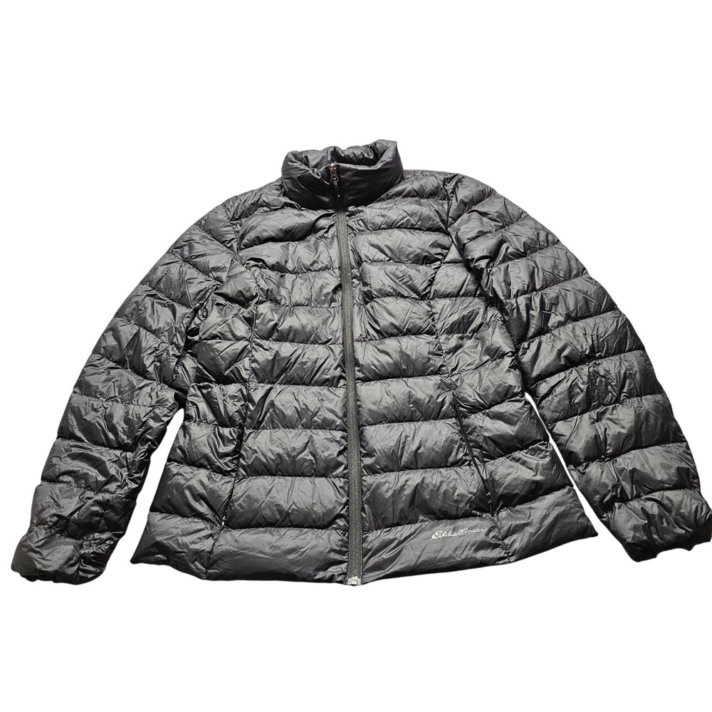 Eddie Bauer Puffer Jacket Womens Large Black Full Zip Quilted Lightweight Coat